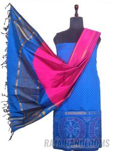 3PC Pochampally Ikat / Ikkat Handloom Cotton Silk Unstitched Dress Material Set For Women - AL004