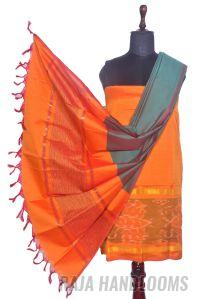 3PC Pochampally Ikat / Ikkat Handloom Cotton Silk Unstitched Dress Material Set For Women - DA006