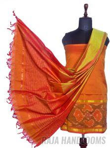 3PC Pochampally Ikat / Ikkat Handloom Cotton Silk Unstitched Dress Material Set For Women - DA012