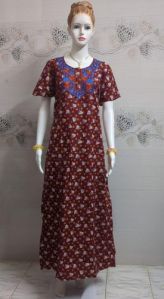 Ladies Maroon Embroidered Cotton Nighty