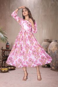 Ladies Floral Print Georgette Dress, Length : Midi