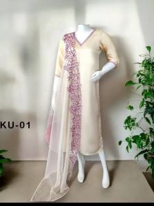 Onam  Organza & Satin Silk Kurtis With Dupatta