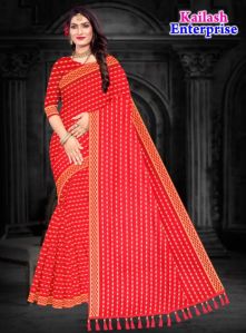 Printed Red Cotton Saree Party Wear