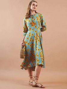 Floral Printed Tie-up Neck Flare Dress Party Wear, Wedding Wear, Festive Wear, Packaging Type : Poly Bag