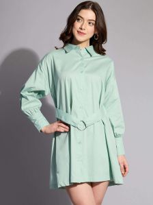 Women Sage Green Self-tie Shirt Dress Party Wear