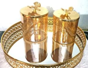 Golden Glass Jar With Metal Tray