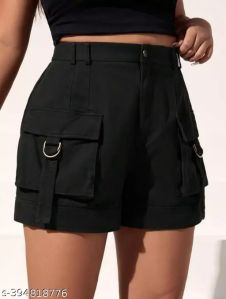 Plain Ladies Black Cotton Shorts