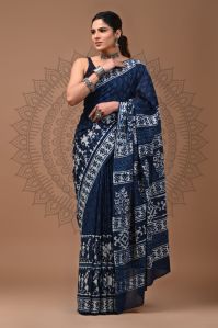 Bagru Hand Block Print Indigo Mulmul Saree