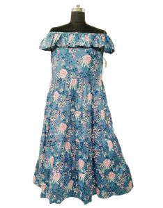 indian cotton blue floral off shoulder frill summer dress