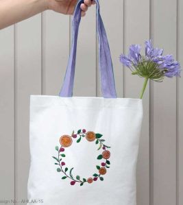 Hand Embroidered White Floral Tote Bag, For Shopping, Grocery