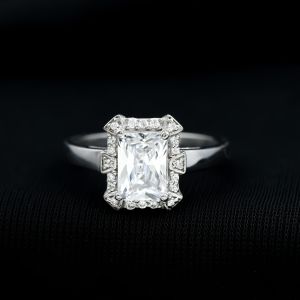 Vintage Inspired Emerald Cut Moissanite Halo Engagement Ring