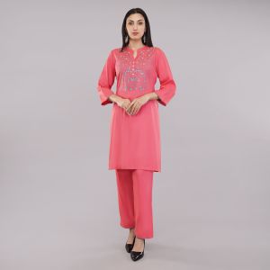 Ladies Carrot Red Color A-Line Kurti Set