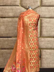 Ladies Orange Handloom Pure Banarasi Suit