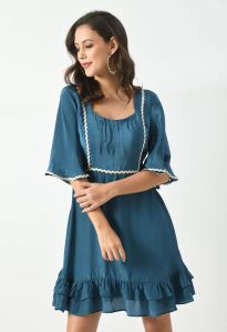 Azure Blue Bell Sleeves Ladies Short Dress