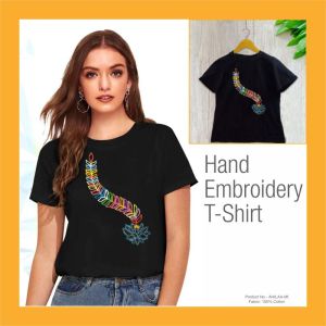 Feather Hand Embroidered Cotton T-Shirt