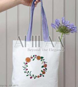 Hand Embroidered White Floral Tote Bag