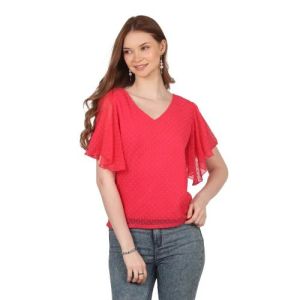 Ladies V Neck Red Georgette Top