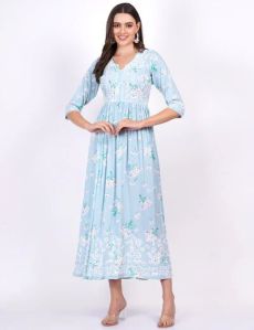 Blue Rayon Printed Chikankari Dress