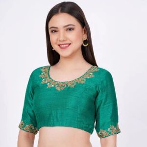 Green Raw Silk Embroidered Blouse