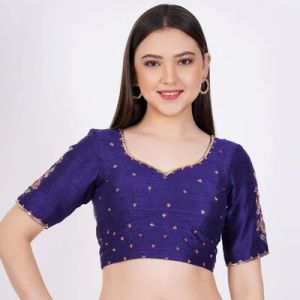 Navy Blue Raw Silk Embroidered Blouse