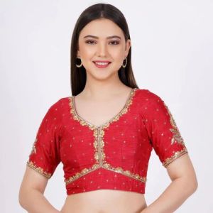 Red Raw Silk Embroidered Blouse