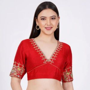 Red Raw Silk Hand Embroidered Blouse