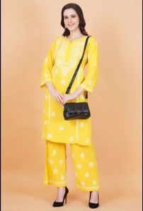Yellow Slub Cotton Chikankari Suit Set