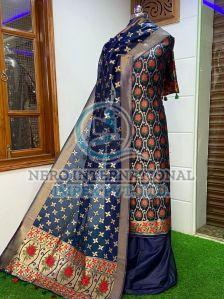 Ladies Blue Handloom Pure Banarasi Suit