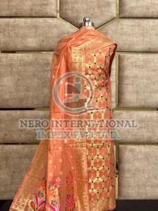 Ladies Orange Handloom Pure Banarasi Suit