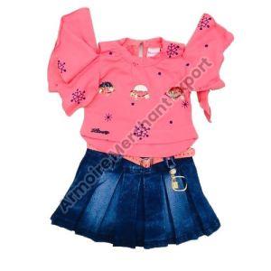 Casual Wear Kids Denim Skirt Top Set