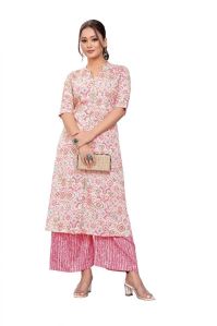 Printed Mandarin Collar Cotton Palazzo Kurti Set