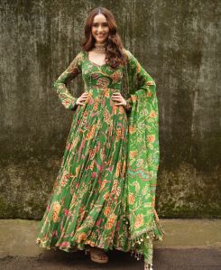 Party Wear Green Ladies Printed Long Gown