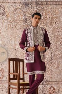 less than three embroidery work mens koti kurta pajama set