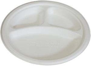 3 Compartment Round White Bagasse Plate