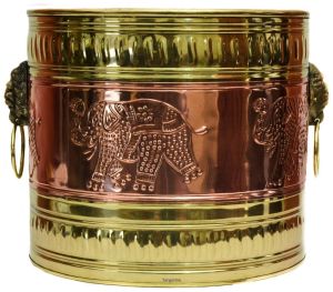 Decorative Brass and Copper Elephant-Embossed Ice Bucket with Lion Head Handles