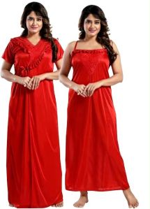 Satin Two Pcs Nighty (Red)
