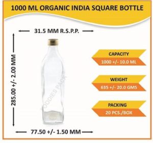 1000ml Organic India Square Glass Bottle