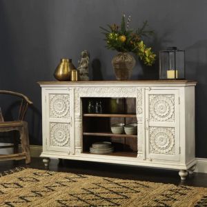 Carved Mango Wood Sideboard Cabinet with Shelves