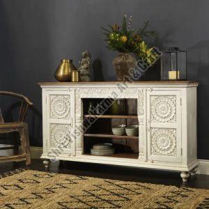 Carved Mango Wood Sideboard Cabinet with Shelves