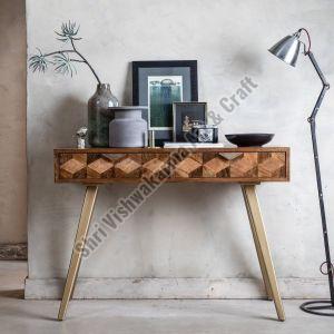 Geometric Mango Wood Dressing Table with Brass Gold Legs