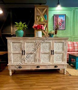 Mango Wood Distressed Carved Cabinet, For Kitchen