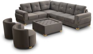 Caffino L Shape Sofa with Centre Table & 2 Round Chairs