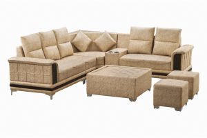 Mahal L Shape Sofa with Cup Holder + Centre Table & 2 Puffs