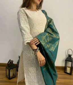 Cotton Chikankari Kurti Pant Set With Dupatta