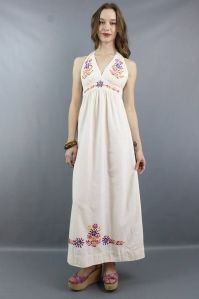 Semi Collar Cotton Embroidered Gown, Length : 45 Inch