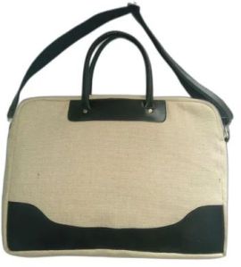 Black Jute PU Laptop Bag, Closure Type : Zip