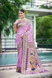 AF1830 Baby Pink Zari Woven Patola Silk Paithani Saree With Blouse