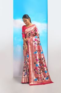 AF276 Ladies Pink Zari Woven Banarasi Silk Paithani Saree With Blouse