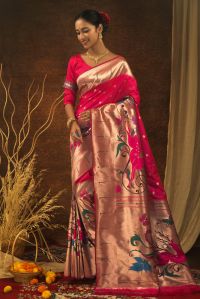 AF282 Pink Zari Woven Banarasi Silk Paithani Saree with Blouse