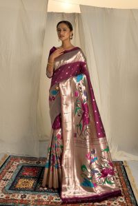 AF286 Ladies Wine Zari Woven Banarasi Silk Paithani Saree With Blouse